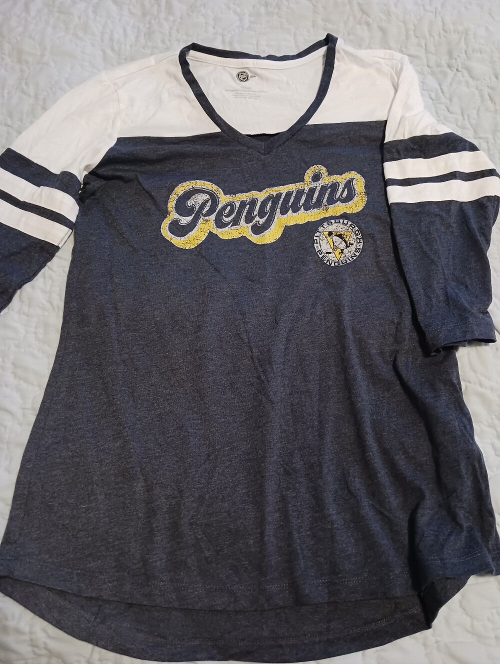 NHL Penguins Navy and White Raglan Tee